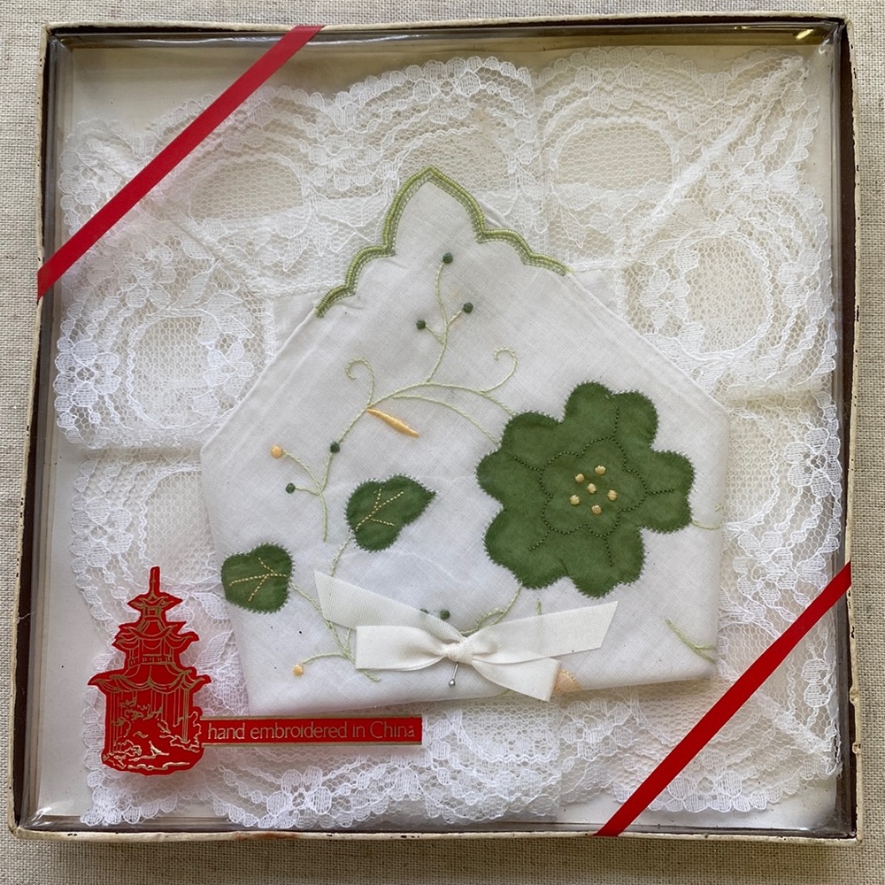 Vintage Hand Embroidered Lace Handkerchief in Original Sealed Box
